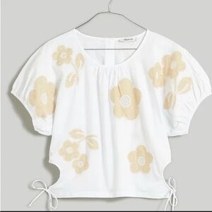 Madewell White Floral Embroidered Puff Sleeve Top